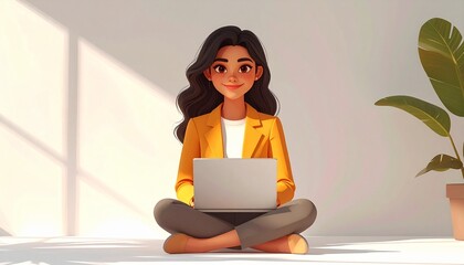 Cheerful woman sitting cross-legged with laptop. Work from home concept