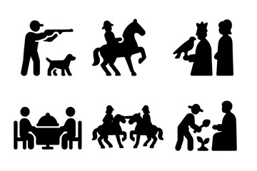Noble Activities Icons. Solid, filled icon set of noble activities: hunting, horseback riding, falconry, attending court, banqueting, jousting, gardening,