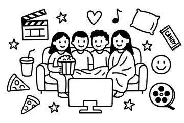 Friends' Movie Night. Hand-drawn doodle illustration Friends? movie night gathering [group of people, popcorn bucket, soda cup, pizza slice, couch, TV screen,