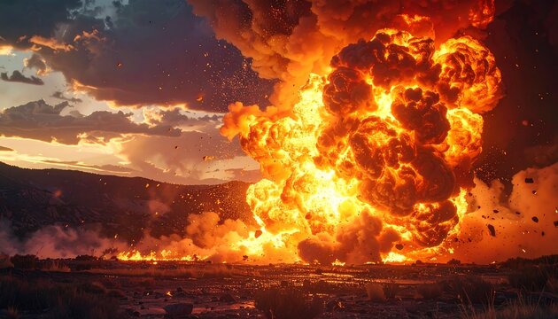 Massive explosion against a dramatic sunset - Powered by Adobe