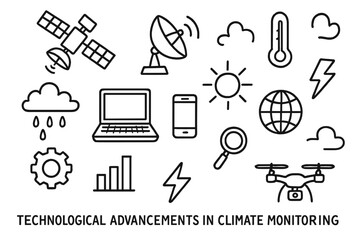 Tech Climate Icons. Hand-drawn doodle illustration Technological advancements in climate monitoring satellite, radar dish, thermometer, cloud, raindrop, sun,