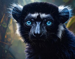 Obraz premium Close-up portrait of a lemur with striking blue eyes