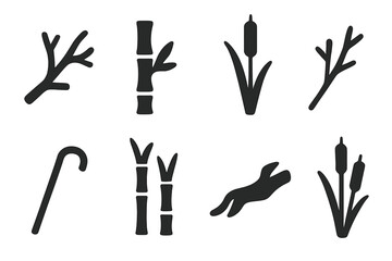 Fototapeta premium Nature Stick Icons. Solid, filled icon set of stick nature elements: tree branch, bamboo stick, reed, twig, cane, sugarcane, driftwood, cattail. Line icons in