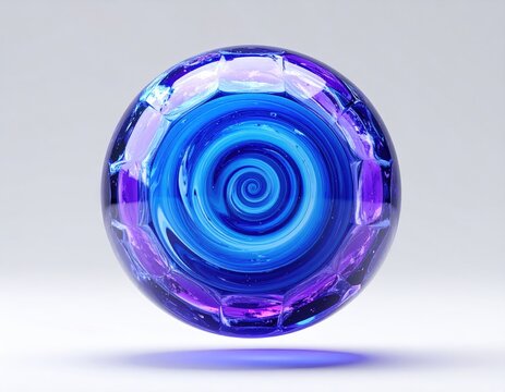 A vibrant blue and purple glass sphere with a swirling, hypnotic spiral pattern inside, subtly illuminated against a neutral background
