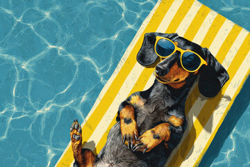 Playful dachshund lounges on a striped float under sunny blue water, wearing bright yellow sunglasses as the poolside scene radiates whimsy and carefree summer vibes.
