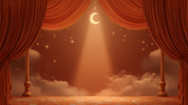Nighttime stage background with orange curtains and moonlight