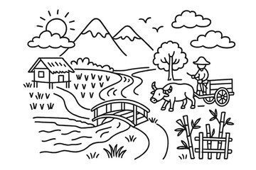 Fototapeta premium Cartoon Rural Landscape. Hand-drawn doodle illustration Rural Landscape [rice field, mountain, sun, hut, buffalo, tree, birds, river, bridge, farmer, cart,