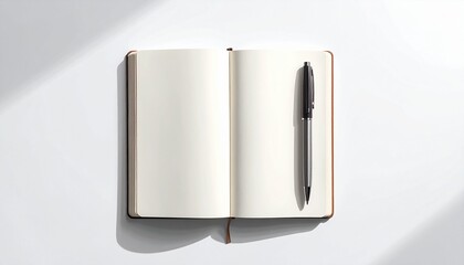 Open Notebook with Pen on White Desk for Creative Writing and Journaling