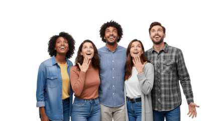 Group of diverse friends looking up in surprise.
