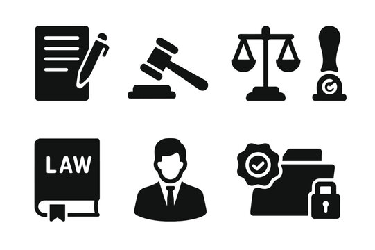 Tax Law Icon Set. Solid, filled icon set of tax haven legal elements: contract, gavel, legal scales, notarized stamp, law book, lawyer, seal, confidential
