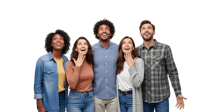 Group of diverse friends looking up in surprise.