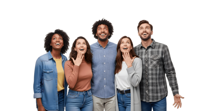 Group of diverse friends looking up in surprise.