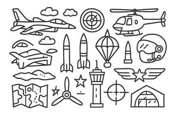 Military Aviation Doodles. Hand-drawn doodle illustration Military aircraft fighter jet, helicopter, radar, missile, bomb, parachute, pilot helmet, control