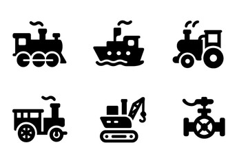 Steam Vehicles Icons. Solid, filled icon set of steam vehicles and transport: steam locomotive, steam ship, steam tractor, steamroller, steam wagon, paddle