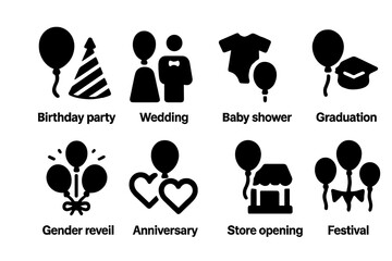 Balloon Event Icons. Solid, filled icon set of balloon-themed events: birthday party, wedding, baby shower, graduation, gender reveal, anniversary, store