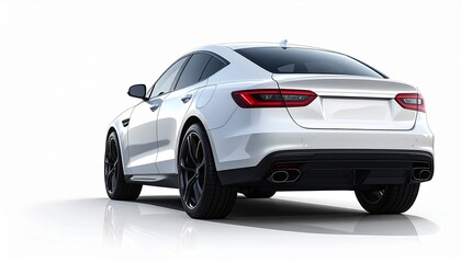 Sleek modern white sports sedan isolated on a clean white background, showcasing its contemporary design, dynamic lines, and powerful aesthetic