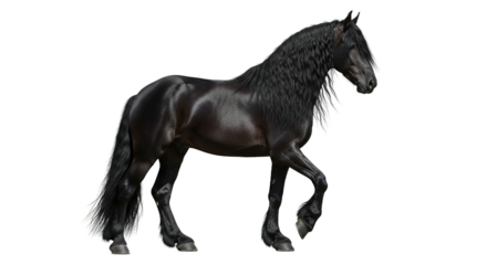 Black horse walking isolated on a white background elegant and beautiful.