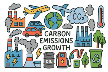Fototapeta premium Carbon Emissions Doodle. Carbon emissions growth. Colorful Hand-drawn doodle Children illustration Factory, smokestacks, car, airplane, globe, CO2 cloud,