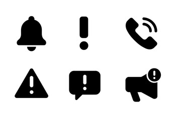 Communication Alert Icons. Solid, filled icon set of communication alerts: notification bell, exclamation mark, message alert, ringing phone, warning triangle,