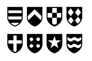 Coat of Arms Icons. Solid, filled icon set of coat of arms patterns: stripes, chevron, checkers, diamonds, crosses, circles, stars, waves. Solid, filled icons