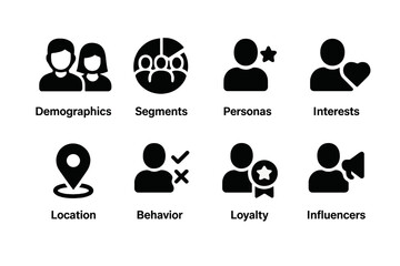 Campaign Audience Icons. Solid, filled icon set of campaign audience: demographics, segments, personas, interests, location, behavior, loyalty, influencers.