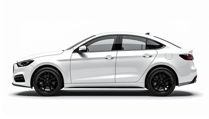 Contemporary white sedan car with black rims shown in a side profile view. Elegant automotive studio photograph isolated on a clean white background