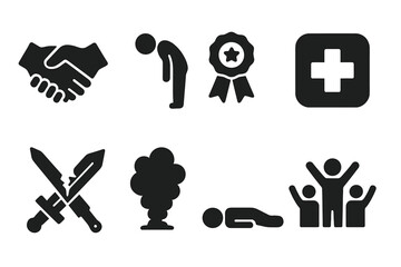 Duel Aftermath Icons. Solid, filled icon set of duel aftermath: handshake, bow, award, medic, broken sword, smoke, defeated opponent, crowd cheering. Solid,