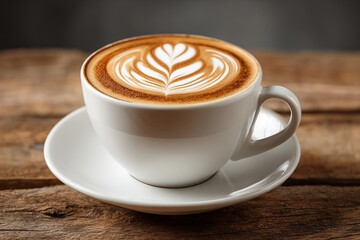 Fototapeta premium Cup of cappuccino with latte art on rustic wooden table