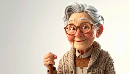 An endearing 3D animated character of a joyful senior woman, with a warm smile, spectacles, and a walking stick, portraying the spirit of a beloved elder