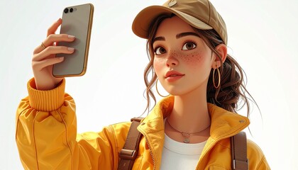 A cheerful young woman in outdoor gear captures a memorable selfie with her smartphone, embracing the joy of discovery and self-expression