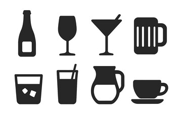 Banquet Drink Icons. Solid, filled icon set of banquet drinks: champagne bottle, wine glass, cocktail glass, beer mug, whiskey glass, juice glass, water
