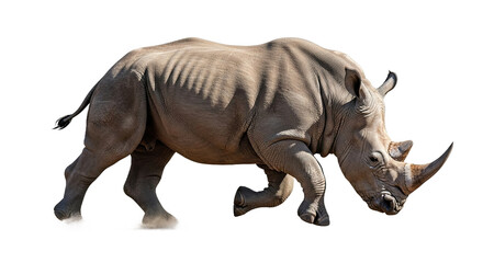 A rhinoceros runs on dirt against a white background.
