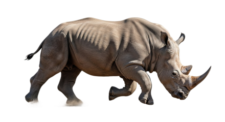 A rhinoceros runs on dirt against a white background.