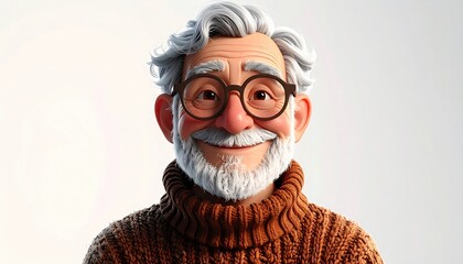 Charming 3D illustration of a smiling elderly man with glasses and a warm sweater, radiating kindness and wisdom