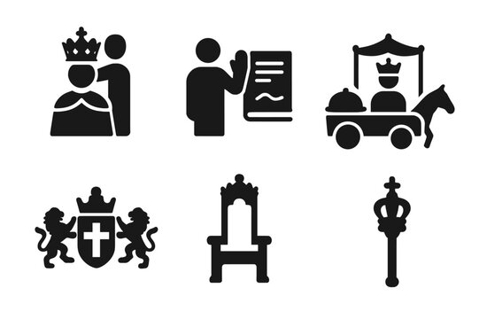 Royal Event Icons. Solid, filled icon set of peerage events: coronation, oath taking, royal banquet, procession, heraldic display, throne, crown, scepter.