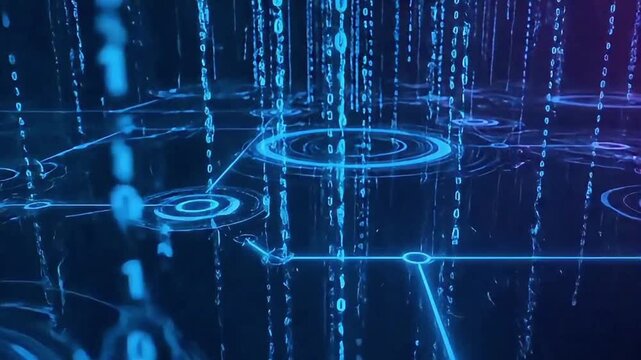 Abstract Blue Digital Grid Background with Flowing Binary Code and Circuits