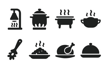 Black Hot Food Icons. Solid, filled icon set of hot food service: heat lamp, soup pot, warming tray, stew bowl, pasta server, risotto dish, roasted meat plate,