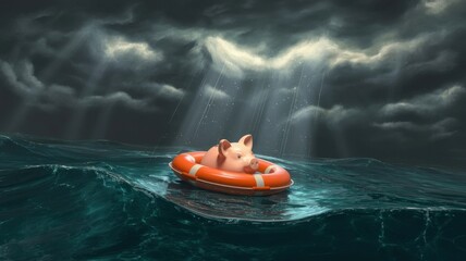 A piglet is floating in the ocean on a life raft during a storm, symbolizing financial crisis and the need for a safety net