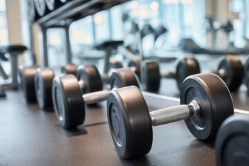 Naklejka premium Row of black dumbbells on rack in modern gym