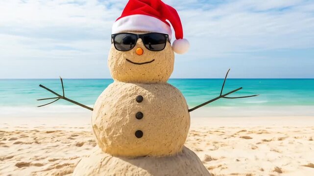 Creative Sand Snowman Wearing Santa Hat And Sunglasses On Tropical Beach, Funny Holiday Background For Exotic Christmas Greeting, New Year Celebration And Festive Winter Vacation In Summer Paradise