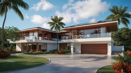 Exterior of a modern luxury home with a driveway, lawn, and palm trees on a sunny day in hawaii, showcasing tropical architecture