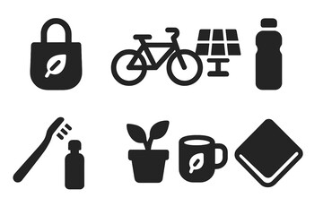 Organic Lifestyle Icons. Solid, filled icon set of organic lifestyle: reusable bag, bicycle, solar panel, water bottle, bamboo toothbrush, plant pot, herbal