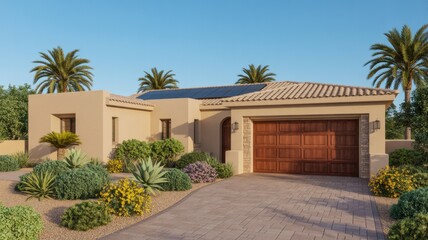 Fototapeta premium Beautiful singlestory home with desert landscaping, a twocar garage, and solar panels on the roof in a sunny, upscale neighborhood