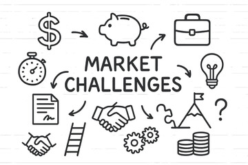 Fototapeta premium Market Challenges Doodle. Hand-drawn doodle illustration Market challenges chart, arrows, dollar sign, piggy bank, briefcase, stopwatch, contract, ladder,