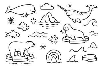 Obraz premium Arctic Marine Doodle. Hand-drawn doodle illustration [arctic whales and dolphins] [beluga, narwhal, iceberg, snowflake, icy water, polar bear, seal, water