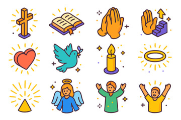 Icons of Salvation. Salvation. Colorful isometric vector icons set of Salvation: cross with light, open Bible, praying hands, ascending stairs, shining heart,