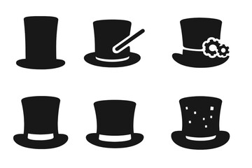 Famous Top Hats. Solid, filled icon set of famous top hats: Abraham Lincoln hat, magician?s hat, Victorian gentleman?s hat, steampunk hat, cartoon top hat,