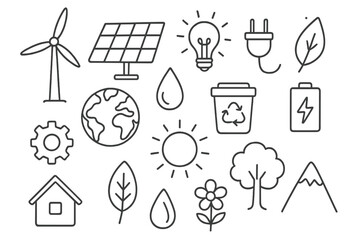 Fototapeta premium Renewable Energy Doodles. Hand-drawn doodle illustration Renewable energy wind turbine, solar panel, light bulb, plug, leaf, water droplet, recycling bin,