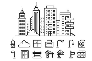 Obraz premium Doodle Cityscape Icons. Hand-drawn doodle illustration [urban skyscrapers] [tower, skyline, window, rooftop, antenna, cityscape, elevator, concrete slab,