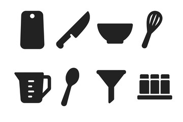 Kitchen Essentials Icons. Solid, filled icon set of seasoning kitchen essentials: cutting board, chef knife, mixing bowl, whisk, measuring cup, spoon, funnel,